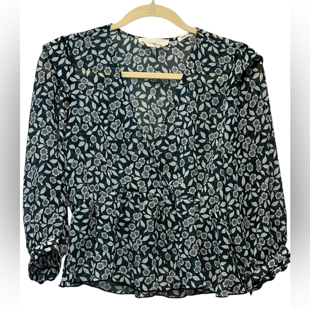 Ba&sh Blanche Floral Peplum Sheer Blouse Blue Peacock Size S - Picture 2 of 8
